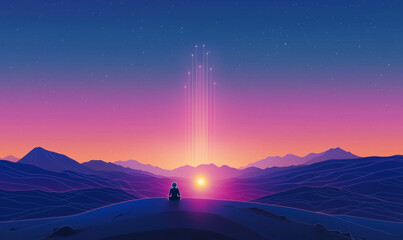 Sunset meditation mountain range digital art serene landscape wide view embracing artificial intelligence concepts