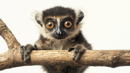 A curious lemur sitting on a branch, with its large eyes staring at the camera, on a white isolated background