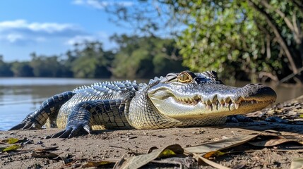 Obraz premium A large crocodile basking in the sun by the riverbank, with its scaly skin and sharp teeth,