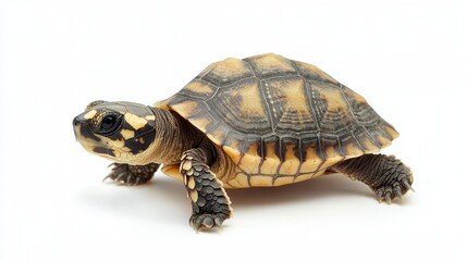 Naklejka premium A baby turtle crawling across the sandy beach toward the ocean, on a white isolated background