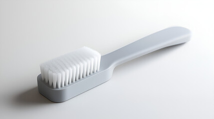 Close-up of a grey cleaning brush with white bristles. Perfect for detail work and cleaning.