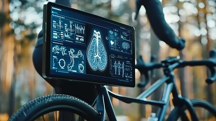 High-tech bicycle with a digital display showing health analytics in a serene forest setting - Powered by Adobe