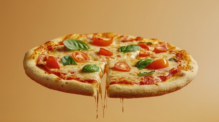 Artisan Pizza Creations with Handcrafted concept. Delicious pizza with toppings floating on a warm background.