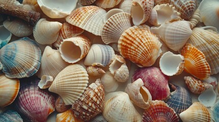 A Vibrant Collection of Various Sea Shells on a Sandy Surface Displaying a Variety of Shapes, Sizes, and Colors from the Ocean's Treasures in Natural Light
