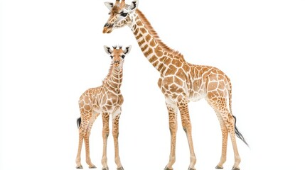 Fototapeta premium A baby giraffe standing next to its mother, both looking curiously toward the camera, on a white isolated background