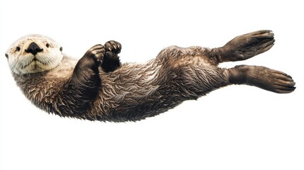 A playful sea otter floating on its back, holding hands with another otter, on a white isolated background