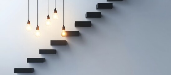 Obraz premium Illuminated staircase with hanging lightbulbs, symbolizing ideas and progress.