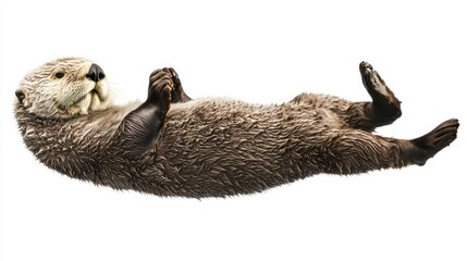 A playful sea otter floating on its back, holding hands with another otter, on a white isolated background