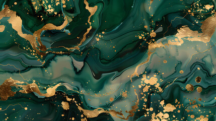 Emerald green and gold marble background, generative ai