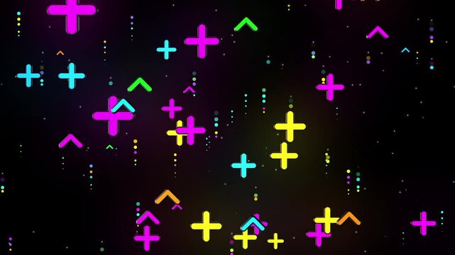 various cute 3d multi-colored plus and arrow symbol in flat style flying up. neon glowing. dot particles trail. Digital Art. Computer animation. Modern background. motion design. Loopable.LED 4K