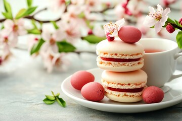 Obraz premium Soft-colored macarons with pink eggs and blossoms on a plate beside a cup of tea, evoking springtime elegance.