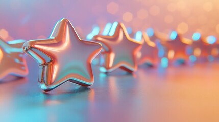 Row of shiny metallic stars on a reflective surface with bokeh background.