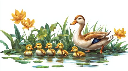 Obraz premium A family of ducks swimming together in a pond, with the ducklings following the mother closely, on a white isolated background