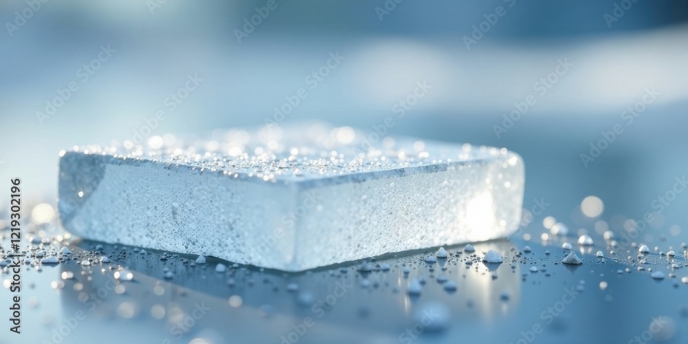 Poster a pristine, translucent block rests on a cool, reflective surface, adorned with glistening droplets 