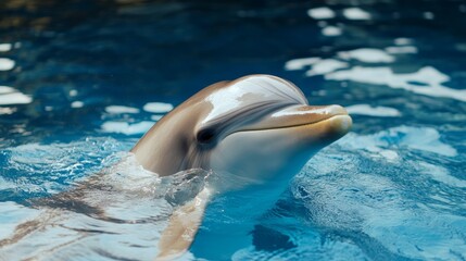 Naklejka premium Dolphin surfacing, aquatic park, playful mammal, blue water background, marine life stock photo