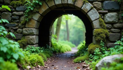 Ancient stone archway with lichen and moss growth, decay, entwined