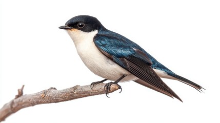 Obraz premium A small bird perched on a branch, with its wings slightly spread, on a white isolated background
