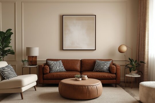 Cozy living room interior with brown leather sofa, beige armchair. Stylish coffee table, pouf add to warm ambiance. Modern design with neutral color palette. Natural light illuminates space. Plant