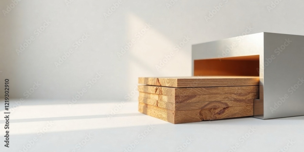 Aufkleber Stack of Natural Wood Planks in a Modern Minimalist Display Case, Illuminated by Soft Sunlight