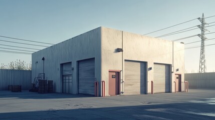 A small industrial building with clean lines and large garage doors in a modern industrial area