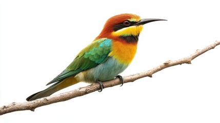 Fototapeta premium A small bird perched on a branch, with its wings slightly spread, on a white isolated background