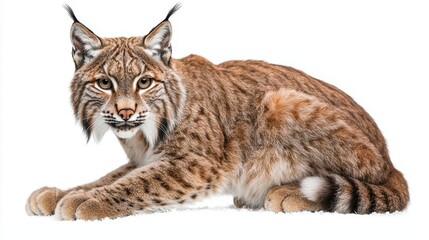 A lynx crouching in the snow, with its sharp eyes focused ahead, on a white isolated background