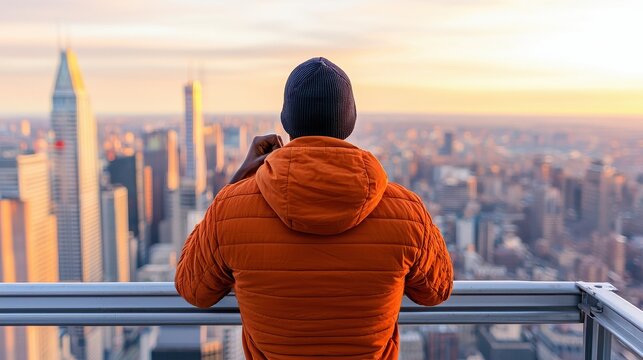 Acrophobia, Fear of Heights Concept, Lone Person Gripping Narrow Steel Beam at Dizzing Heights Overlooking a Stunning Urban Skyline at Sunset