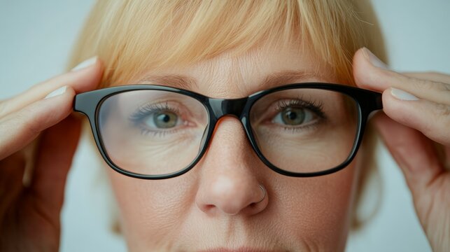 Close up of a middle aged blonde woman adjusting her eyeglasses, showcasing clear vision and healthy eyes, emphasizing eye care and ophthalmology