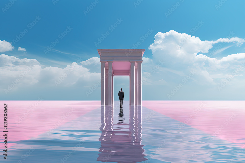 Poster surreal vaporwave landscape with abstract architecture elements on the water. dreamy landscape.
