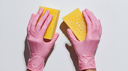 Pink gloves holding yellow cleaning sponges.  Cleanliness, hygiene, and domestic chores concept.