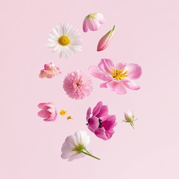Beautiful spring flowers float in air against soft pink background. Various flower types like tulips, daisies, anemones, chrysanthemums in different stages of bloom. Image evokes feeling of elegance,
