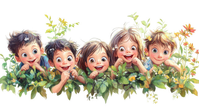 Children’s Day PNG featuring kids playing hide and seek in a jungle, perfect for use in adventurous party themes, outdoor event designs, and kids' celebrations, isolated on white