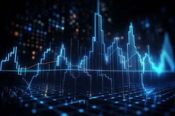 Futuristic cityscape with glowing financial chart lines rising, symbolizing economic growth and market trends