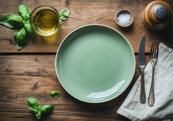 Empty green plate, cutlery, oil, basil, salt, pepper on rustic wooden table.