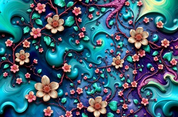 Fototapeta premium Vibrant Floral Pattern: Dreamy Blooms in Pink, Blue, and Green