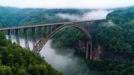 Fototapeta premium Acrophobia, Fear of Heights Concept, Majestic Steel Bridge Spanning a Misty Valley Surrounded by Lush Green Forests and Dramatic Cliffs