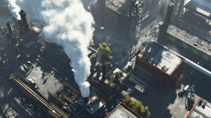 A busy factory emitting thick smoke into the air, with machinery and equipment visible