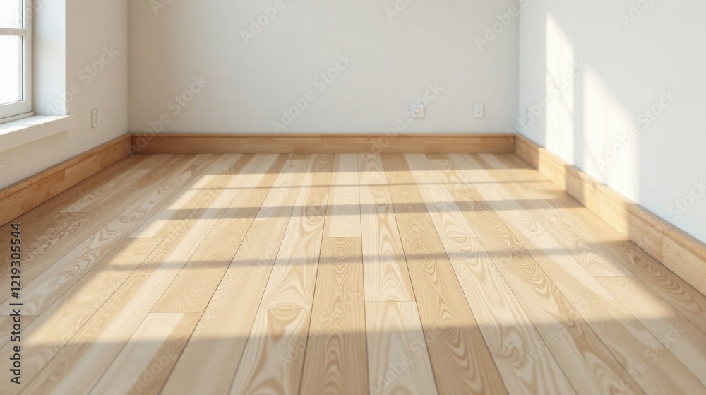 Aufkleber sunlight illuminates a pristine light-colored hardwood floor in an empty room with simple white wall