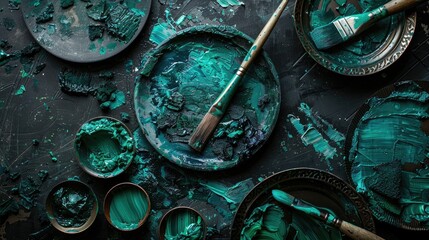 Fototapeta premium Malachite-colored paint palette with shades of emerald green and teal