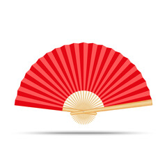 Realistic folding hand fan red paper with golden bamboo frame fashion accessory 3d vector clip art isolated on white background, decorative element for oriental themes.