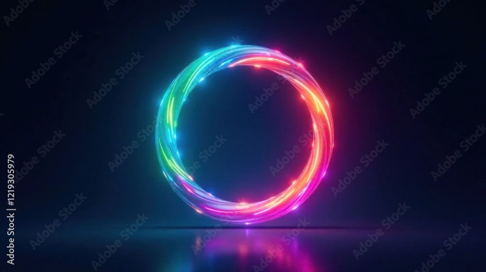 Poster Vibrant Spectrum Circle A luminous, swirling ring of rainbow light, reflecting on a dark surface, creating a captivating visual effect.
