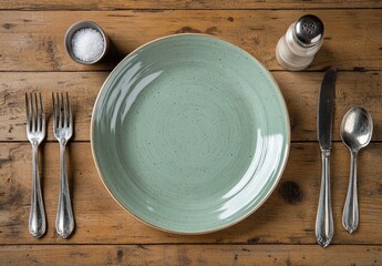 Empty plate with silverware on rustic wooden table.