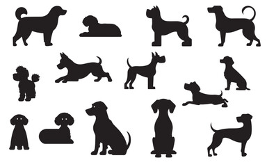 Black-and-White Dog Silhouette Collage: Various Breeds and Poses