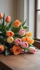 Colorful spring bouquet of roses and tulips brightening a rustic wooden table. Generative AI