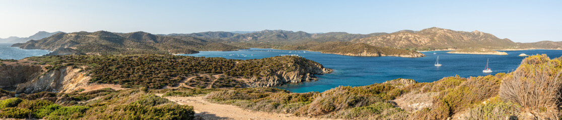 Aerial view of the Malfatano Gulf in the south of Sardinia with many beautiful beaches and blue and turquoise water