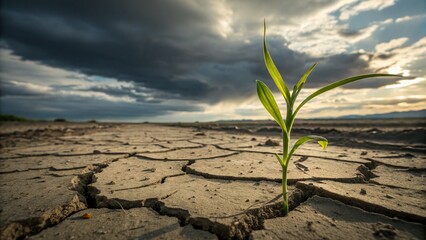 Resilient Plant Emerging from Dry Cracked Soil - Hope and Perseverance Stock Photo