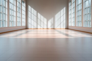 Obraz premium Sunlit empty room with large windows peaceful atmosphere minimalist design modern architecture spacious view