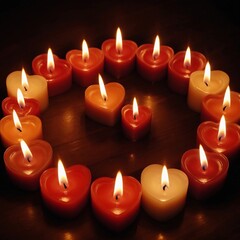 Heart-shaped candles create a warm, inviting ambiance in a cozy indoor setting during evening hours. Generative AI