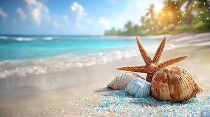 Seashells and Starfish on a Tropical Beach