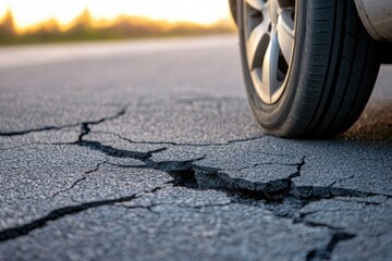 Car encountering cracked asphalt on rural road vehicle troubles outdoor environment low angle view traffic hazard awareness